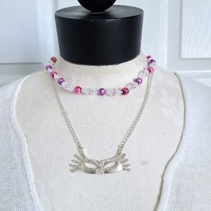 Piece #305 "At The Ball" Masquerade Carnival Glass Bead & Silver Mask Necklace